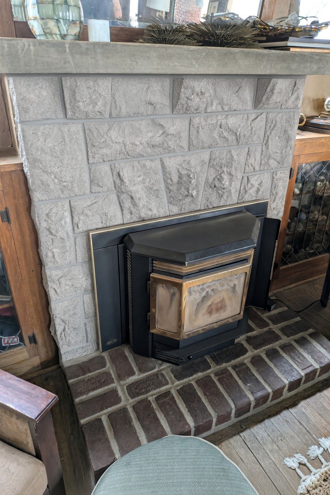 Laser cleaning, stone fireplace
