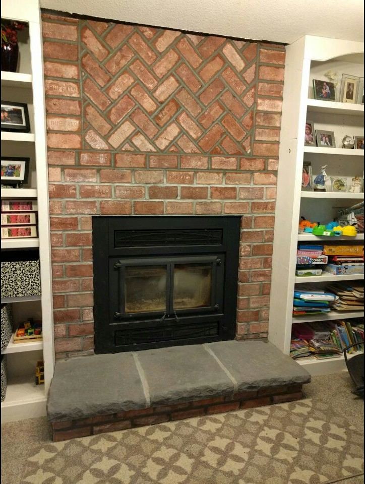 Brick fireplace, herringbone and stone hearth